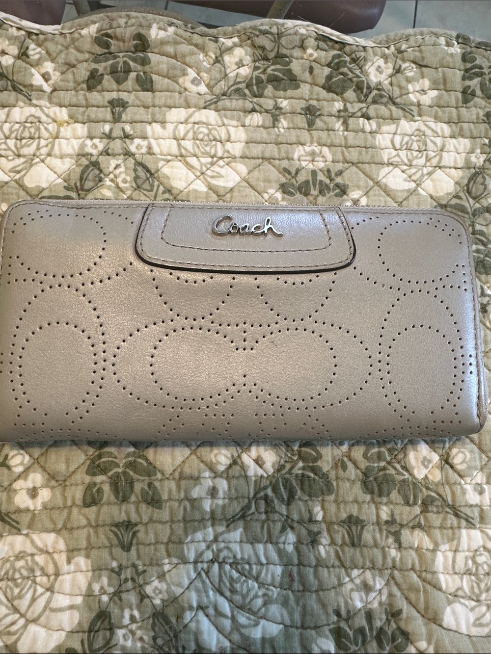 Coach Perforated Taupe Leather Zip Wallet